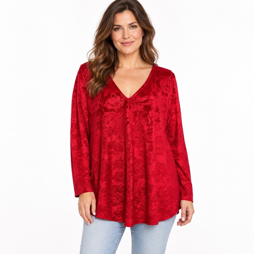 Lane Bryant 26/28 Red Floral Jacquard Velvet V-Neck Long Sleeve Bluse